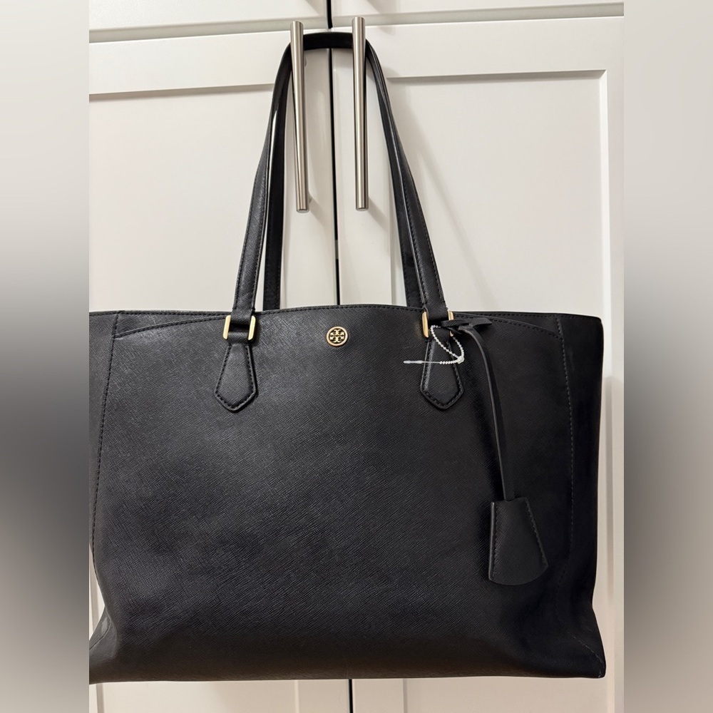 Tory Burch Black Robinson Tote Bag with Gold Accents - Picture 1 of 16